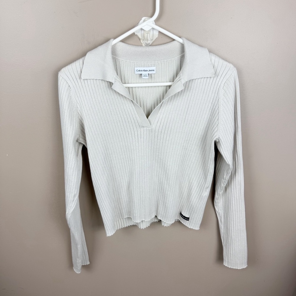 Calvin Klein Jeans Beige Cropped Ribbed Collared V-Neck Knit Sweater XL
